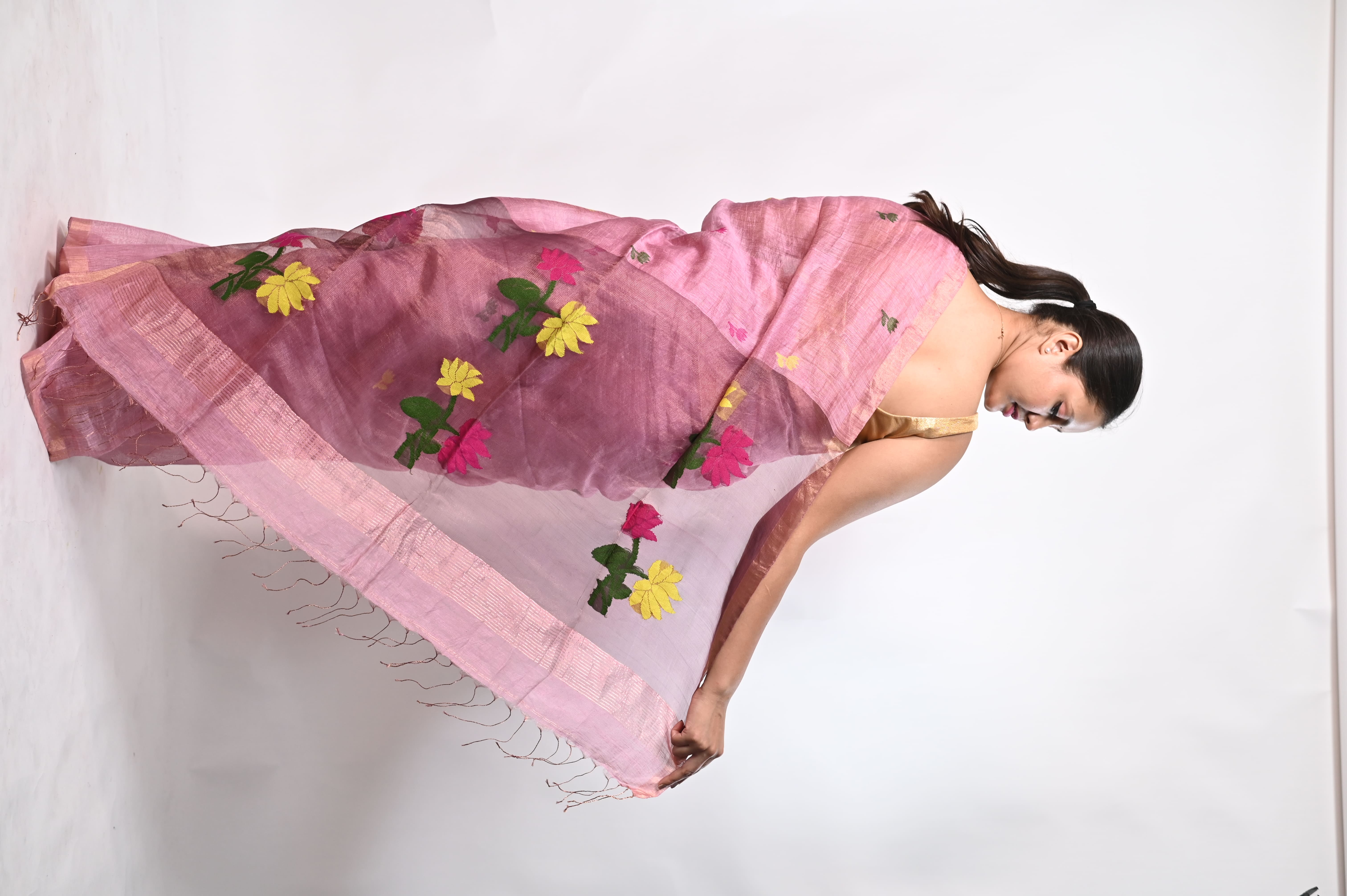 Premium Tissue Silk Linen Blend hand weaving needle work saree (Handloom)