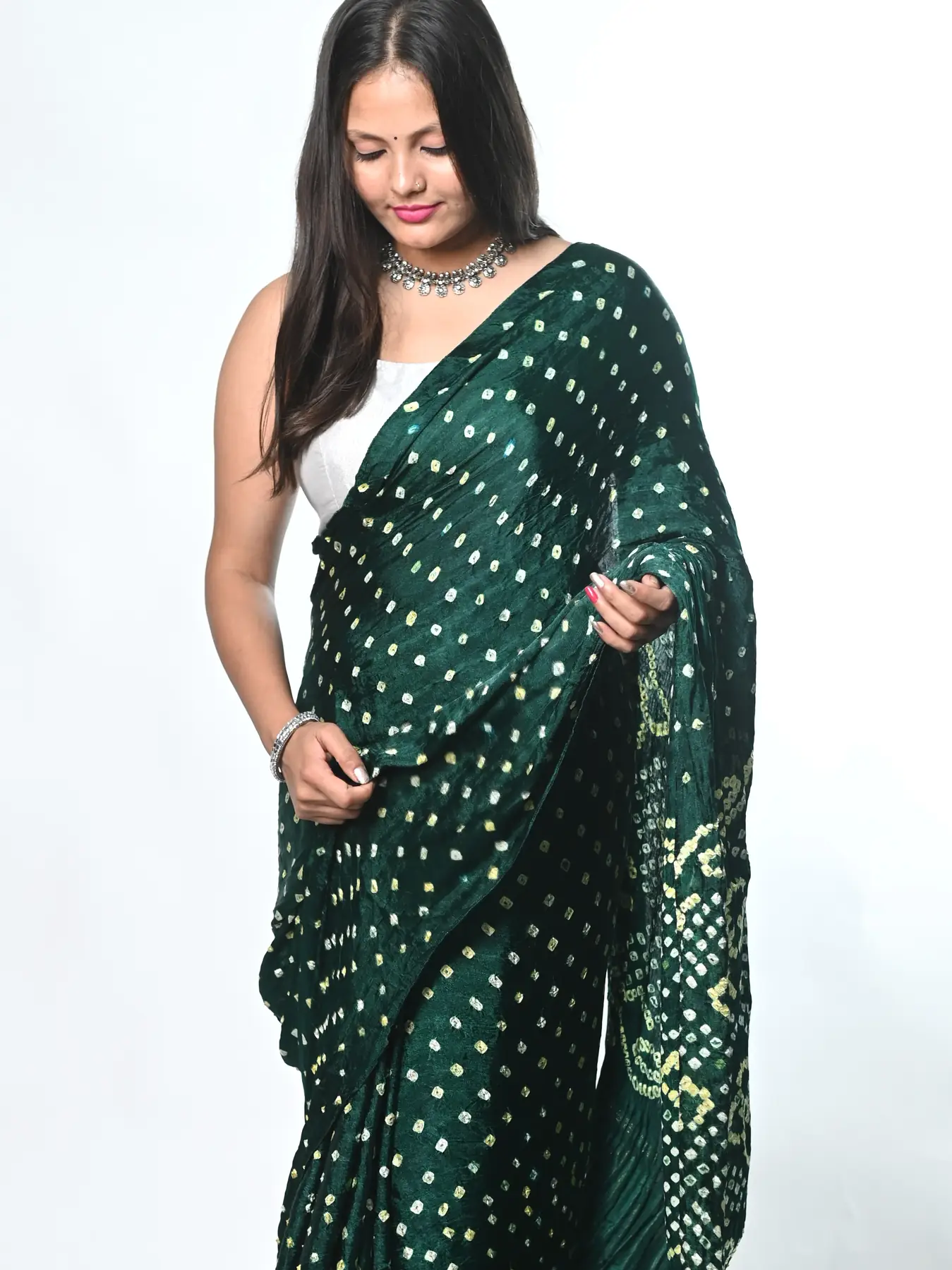modal silk hand bandhni Green saree