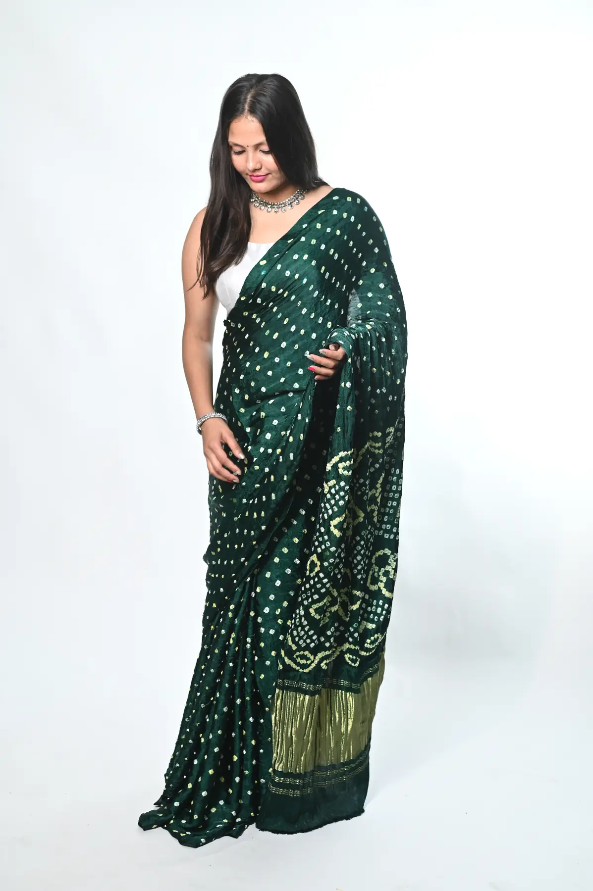 modal silk hand bandhni Green saree