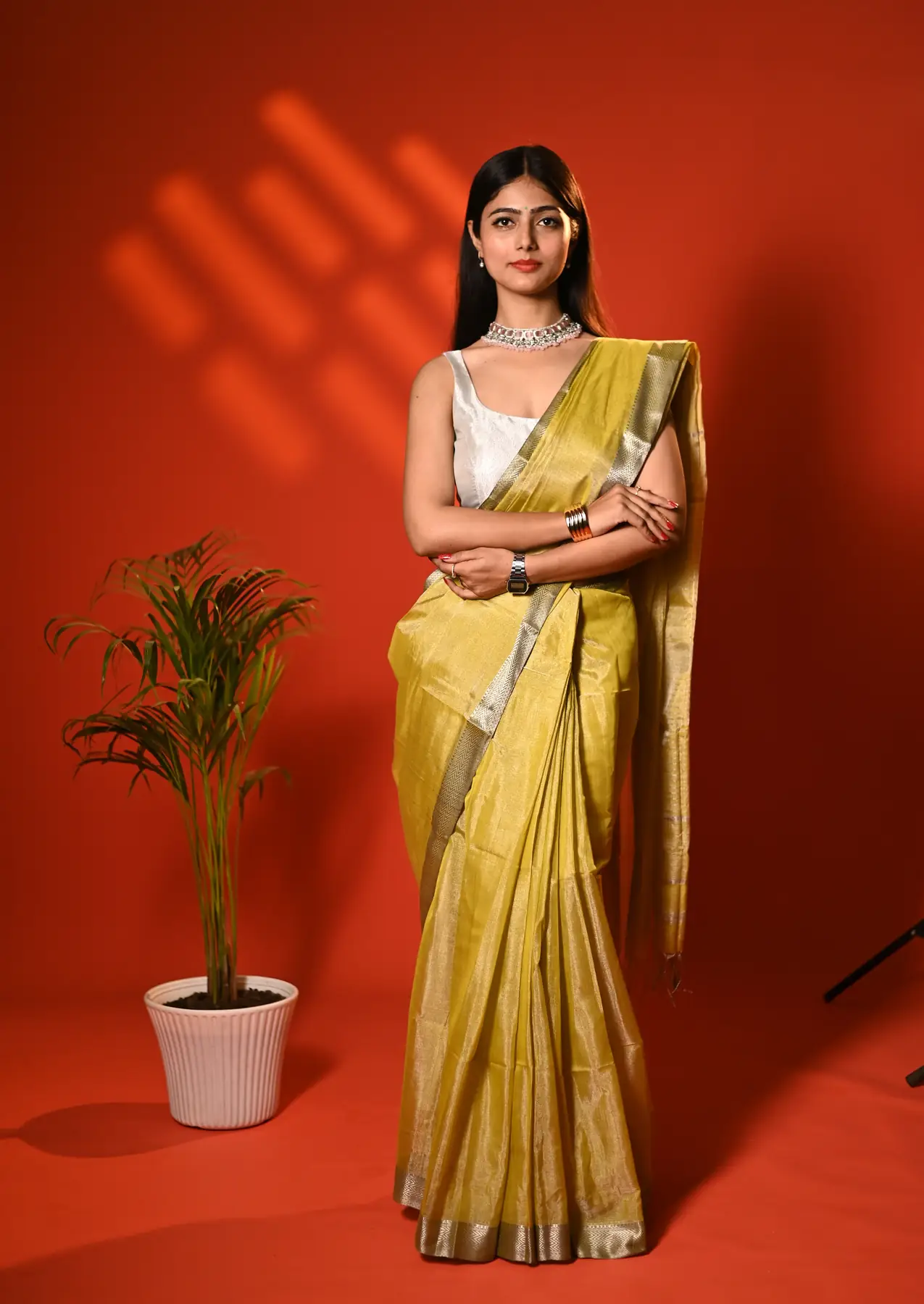 Handloom pure maheshwari tissue yellow saree