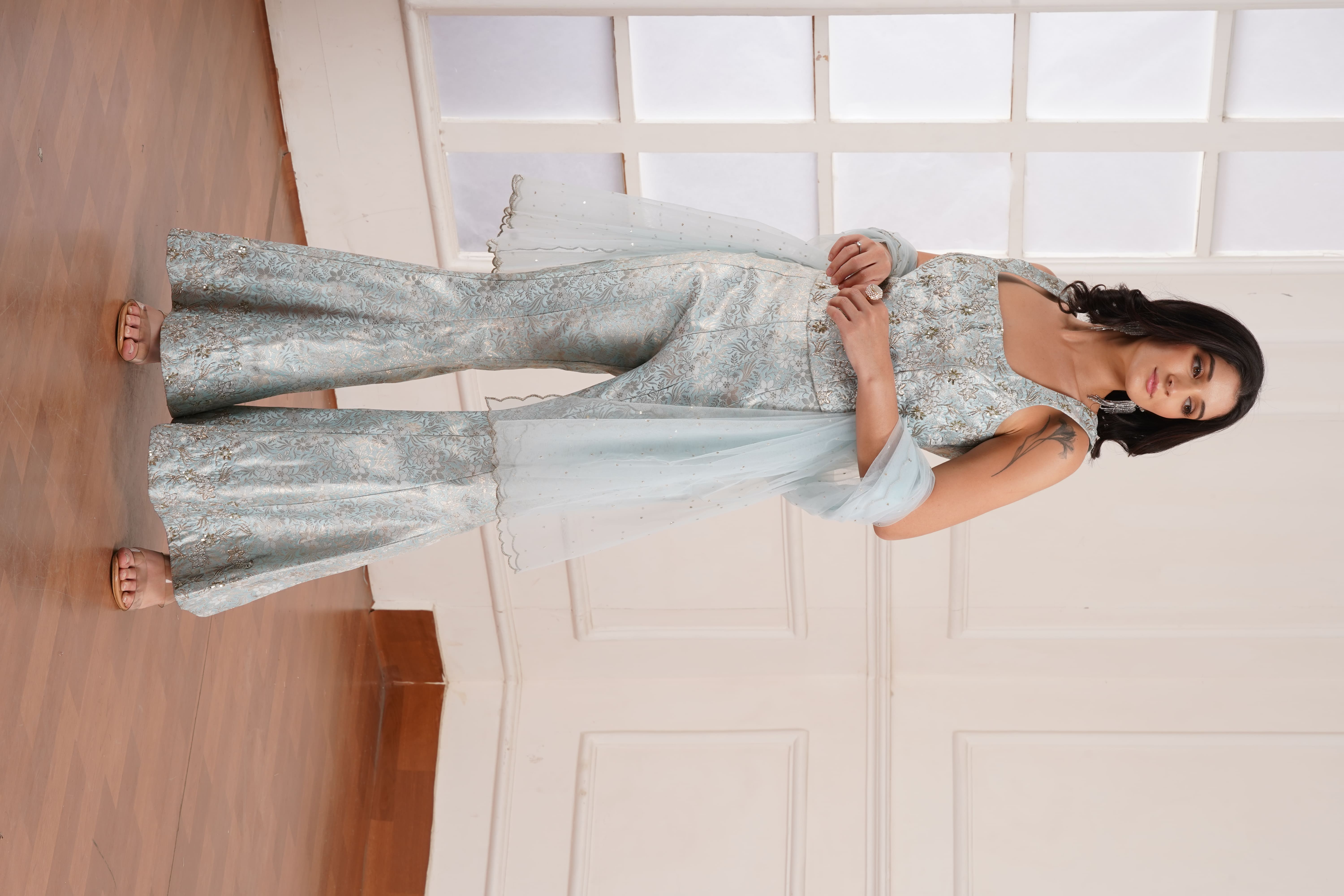Light Grey Printed Co-Ord Set with Stylish Top &amp;amp;amp; Flared Pants