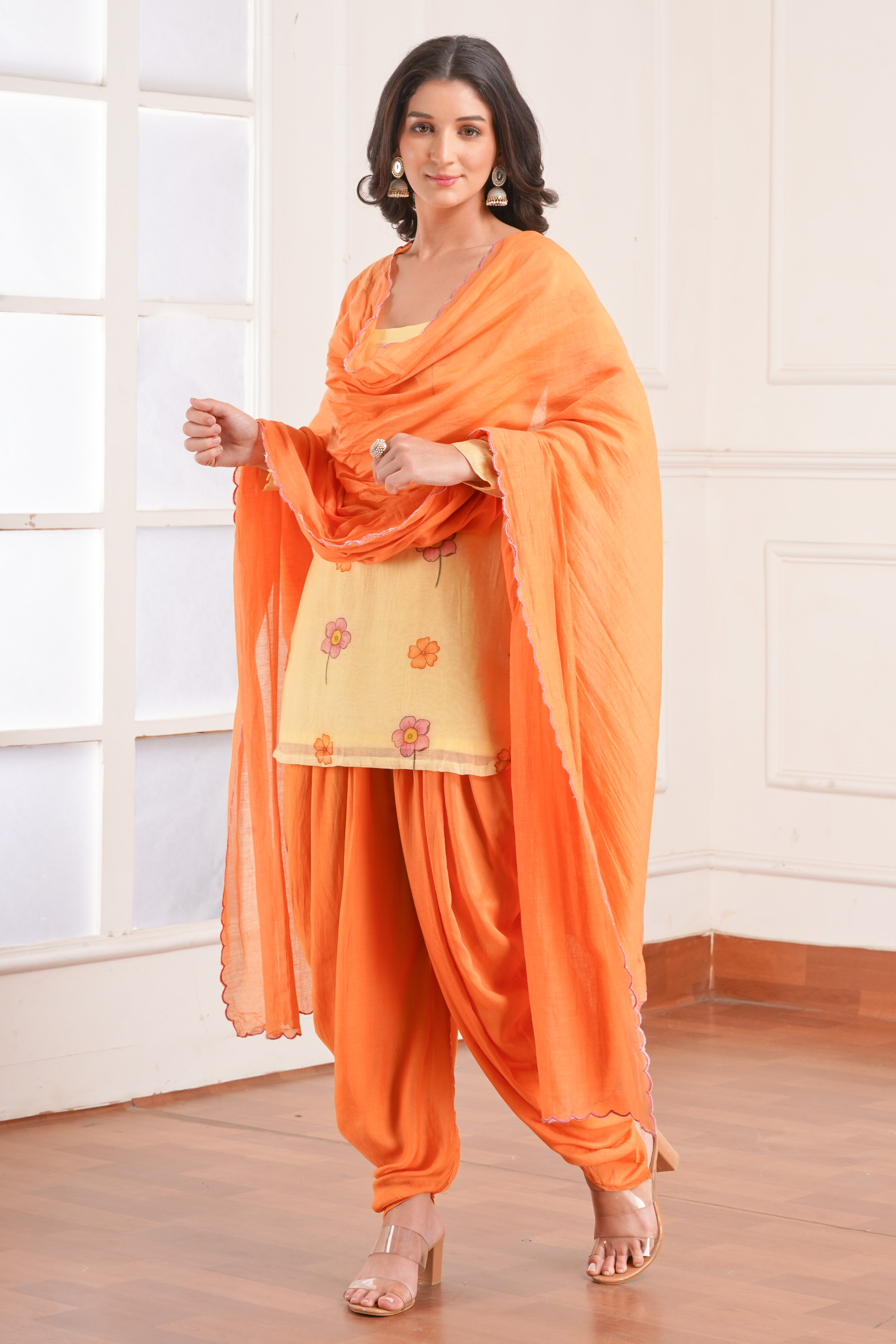 Orange Chanderi Silk Dupatta Kurti dhoti pant Set with Yellow Floral Kurti